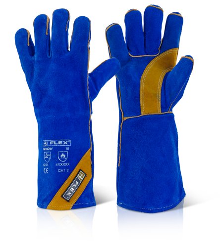 BFHQWN | 16” royal blue shoulder split leather gauntlet. Fully lined. Gold leather welts. Gold leather reinforced thumb and part palm. Reinforced stitching. EN388: 2016, Level 4 - Abrasion, Level X - Cut Resistance, Level 4 - Tear Resistance, Level 4 - Puncture, Level C - ISO 13997 Cut Resistance, EN 407:2004, Level 4 - Burning Behaviour, Level 3 - Contact Heat, Level 3 - Convective heat, Level X - Radiant heat, Level 4 - Small splashes of Molten Metal, Level X - Large splashes of Molten Metal, EN12477: 2001+A1:2005  Type A