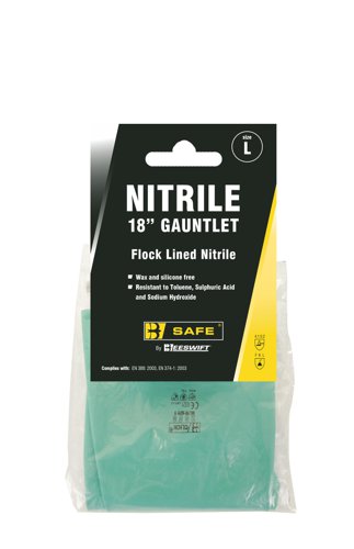 • Unsupported nitrile glove.• Overall Length 45cm• A high level of resistance to abrasion, solvents and animal fats.• Pebble finish to palm• Silicon and wax free• EN 374-3: 2003 Chemical-Breakthrough Time Toluene (F)-More than 30 Mins (Level 2) Sulphuric Acid 96% (L)-More than 240 Mins (Level 5) Sodium Hydroxide 40% (K)-More than 480 Mins (Level 6) Additional Chemical Tests Sodium Hydroxide 30%-More than 480 Mins (Level 6) Hexane-More than 480 Mins (Level 6) • EN388: 2003 • Level 4-Abrasion• Level 1-Cut Resistance• Level 0-Tear Resistance• Level 2-Puncture