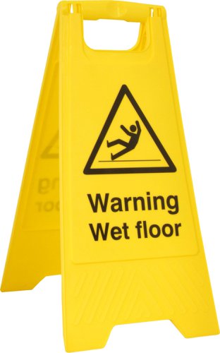 BSS4702 | A-Board, Warning Wet floor, Heavy duty Polyproylene, Printed on both sides, Folds flat for easy storage, Height (face) 620mm, Width (top) 210mm, Width (bottom) 300mm, Depth (flat) 30mm, Depth (open) upto 450mm