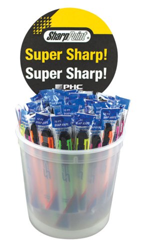 BU-BK-508 | Counter top display bucket containing 75 assorted neon coloured snap off knives, 13 point snap off knives come with one blade, Replacement CSB-32 blades are available seperately, Four assorted neon colours, orange, pink, green and yellow