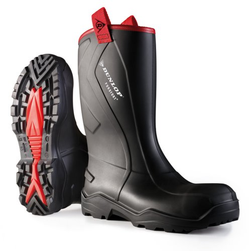 M-C762043 | The Dunlop® Rugged offers all the benefits of Purofort® and a superior outsole, making it an ideal boot for every-day construction work. This is the only footwear to combine comfort and flexibility with durability under all weather conditions. 100% waterproof (no stitched seams), Keeping feet dry and warm, Stays flexible and supple, with every step and movement, Anatomically designed foot bed, offering support all day, Easy to maintain and clean, Does not dry out and crack, Cut resistant upper, Outsole with optimal grip on uneven and wet surfaces, Steel toecap and midsole, offering full safety, Cold insulation down to -20°C,, Resists minerals, animal and plant oils and fats, disinfectants, fertilizer, solvents, various chemicals EN ISO 20345:2011 S5 CI CR SRC