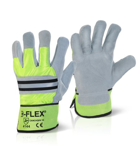 BS041 | Grey split leather B-Flex Hi Vis rigger glove. Saturn yellow poyester backing and safety cuff. Retro reflective tape to knuckle strip. Generous hand size. Fleece lining for warmth and comfort. , EN388: 2003, Level 4 - Abrasion, Level 1 - Cut Resistance, Level 4 - Tear Resistance, Level 4 - Puncture