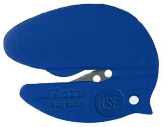CBC-346B | Safety Raze Bag Cutter. Disposable. Certified food safe by NSF®. Protected stainless steel blade. Tape splitter.Bag guide. High visibility blue.