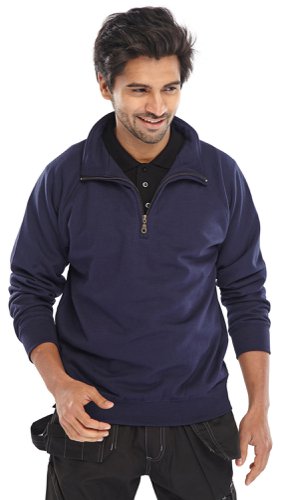 This sweatshirt has a quarter zip opening at the neck that can be opened as needed to regulate temperature. Made from 280gsm 70% cotton and 30% polyester fleece for warmth. Ribbed cuffs and waistband exclude draughts. Machine washable at 40 degrees C.
