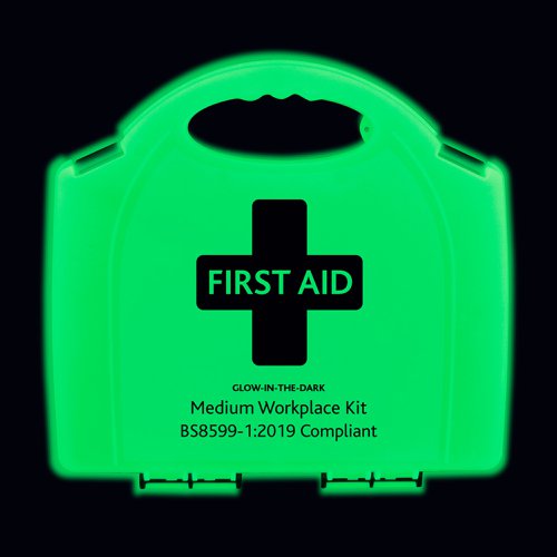 CM0087 | BS8599-1:2019 MEDIUM WORKPLACE KIT in GREEN GLOW-IN-THE-DARK AURA LOW RISK: 1 kit per 25-100 employees. HIGH RISK: 1 kit per 5-25 employees. CONTENTS, 2 Bandages, Conforming, 3 Bandages, Triangular, 2 Dressings, Burn, 3 Dressings, Eye Pad, 3 Dressings, Finger, 4 Dressings, HSE Med, 3 Dressings, HSE Large, 2 Foil Blankets, Adult, 9 Gloves, Pairs, 1 Guidance Leaflet, 60 Plasters, Washproof, 1 Resuscitation Face Shield, 1 Shears, 2 Tapes, Microporous, 30 Wipes, Cleansing