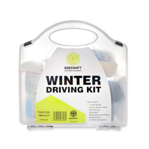 CM0142-23 | Essential supplies for motoring in winter conditions. Ideal for keeping in any vehicle to be prepared for unexpected winter weather. Fast acting screen wash and de-icer work in conditions down to minus 15 for safer driving .Dynamo torch stores energy in a flywheel so you will never be caught without a working torch. Comes housed in a durable clear caseContentsFoil blanket x 1De-icer aerosol 400mlAnti-mist padIce scraperScreen wash 500mlDynamo torchVinyl gloves (pair) x 2