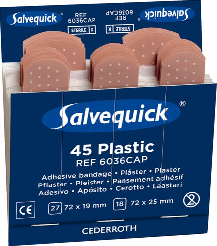 CM0542 | Cederroth pilfer proof plastic plaster refill for Salvequick dispenser Each refill contains, 45 plasters, 27 plasters sized 72 x 17mm, 18 plasters sized 72 x 25mm There are 6 refills to a box