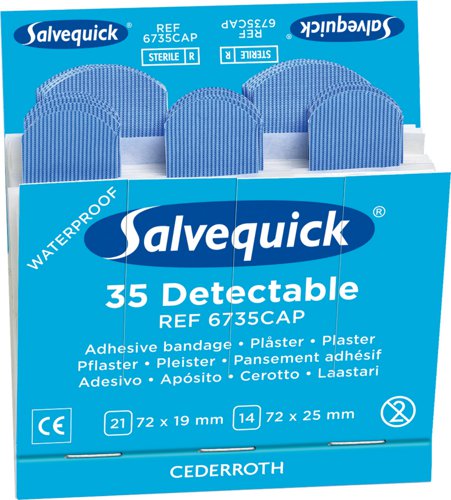 CM0544 | Detactable waterproof plasters refill. Each refill contains 35 plasters, 21 x plasters sized 72 x 19mm, 14 x plasters sized 72 x 25mm 6 refills in a box