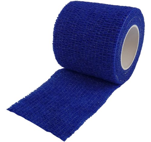 CM0553 | Non-slip, lightweight compression bandage, Polyester and elasthane fabric. Stretched length approx 4.5m, Hand tearable and water-resistant, Individually wrapped for cleanliness, Use for support, compression and securing applications, Blue bandages are ideal for food handling environments