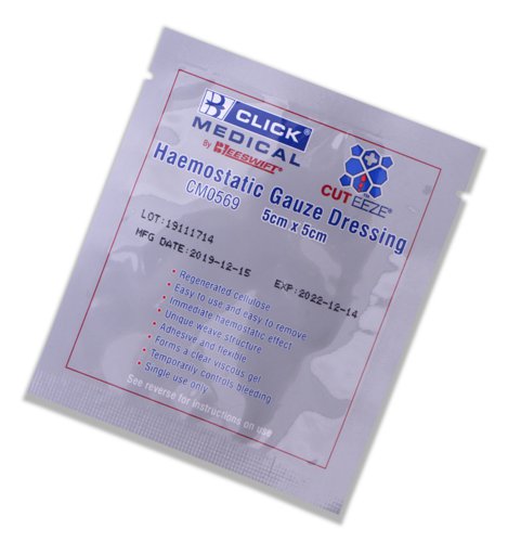 CM0569 | 5cms x 5cms gauze dressing used to stop surface bleeding and to pack smaller wounds and lacerations. Can be cut to size Supplied in individual peal pouch