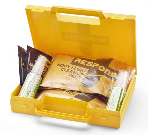 CM0605 | Our range of Body Fluid Spill kits and Sharps handling kits are designed to enable any worker to deal with the problems of body fluids such as blood and vomit and the problem of discarded needles and syringes. These kits are easy to use and address all the issues that are caused by cross contamination and infections caused by Bio Hazards. The HSE guidance on 'Blood - borne viruses in the workplace' (leaflet INDG342) and there is a provision under COSHH that employers have a legal duty to assess the risk of cross infection for employees and others affected by your work. Carrying a Click Medical spill or sharps handling kit, will help meet these requirements and increase the confidence of employees, knowing that you as the employer are dealing with the risk attached to biohazards and their control. BODY FLUID SPILL KIT, 2 APPLICATIONS Supplied in small carrying case, this kit contains:, 2 x CM0615 Single Application Body Fluid Spill Kit consisting of:, 1 x CM0620 Clean Up pack, 1 x 50ml disinfectant spray, 1x Super absorbent powder sachet (10g) Ideal for small businesses, offices, shops, pubs, restaurants and lone workers where occasional risk may be encountered.