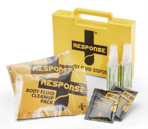 CM0605 | Our range of Body Fluid Spill kits and Sharps handling kits are designed to enable any worker to deal with the problems of body fluids such as blood and vomit and the problem of discarded needles and syringes. These kits are easy to use and address all the issues that are caused by cross contamination and infections caused by Bio Hazards. The HSE guidance on 'Blood - borne viruses in the workplace' (leaflet INDG342) and there is a provision under COSHH that employers have a legal duty to assess the risk of cross infection for employees and others affected by your work. Carrying a Click Medical spill or sharps handling kit, will help meet these requirements and increase the confidence of employees, knowing that you as the employer are dealing with the risk attached to biohazards and their control. BODY FLUID SPILL KIT, 2 APPLICATIONS Supplied in small carrying case, this kit contains:, 2 x CM0615 Single Application Body Fluid Spill Kit consisting of:, 1 x CM0620 Clean Up pack, 1 x 50ml disinfectant spray, 1x Super absorbent powder sachet (10g) Ideal for small businesses, offices, shops, pubs, restaurants and lone workers where occasional risk may be encountered.