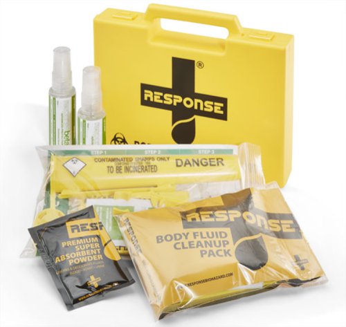 CM0610 | Our range of Body Fluid Spill kits and Sharps handling kits are designed to enable any worker to deal with the problems of body fluids such as blood and vomit and the problem of discarded needles and syringes. These kits are easy to use and address all the issues that are caused by cross contamination and infections caused by Bio Hazards. The HSE guidance on 'Blood - borne viruses in the workplace' (leaflet INDG342) and there is a provision under COSHH that employers have a legal duty to assess the risk of cross infection for employees and others affected by your work. Carrying a Click Medical spill or sharps handling kit, will help meet these requirements and increase the confidence of employees, knowing that you as the employer are dealing with the risk attached to biohazards and their control. Supplied in a small carrying case, this kit contains:, 1x CM0615 Single Application Body Fluid Spill Kit, 1x Sharps handling kit comprising of:, Sharps disposal container, 0.1ltr, Soft vinyl gloves (1 pair), Biohazard bag, Disinfectant wipe, Sharps handling forceps Ideal for small businesses, offices, shops, pubs, restaurants and lone workers where occasional risk may be encountered.