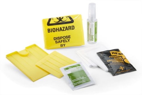CM0615 | Our range of Body Fluid Spill kits and Sharps handling kits are designed to enable any worker to deal with the problems of body fluids such as blood and vomit and the problem of discarded needles and syringes. These kits are easy to use and address all the issues that are caused by cross contamination and infections caused by Bio Hazards. The HSE guidance on 'Blood - borne viruses in the workplace' (leaflet INDG342) and there is a provision under COSHH that employers have a legal duty to assess the risk of cross infection for employees and others affected by your work. Carrying a Click Medical spill or sharps handling kit, will help meet these requirements and increase the confidence of employees, knowing that you as the employer are dealing with the risk attached to biohazards and their control. Supplied in grip seal bag, this kit contains:, 1 x CM0620 Clean Up pack consisting of:, Instructions, Soft Vinyl Gloves (1 pair), Polythene oversleeves (1 pair), Polythene apron, Polypropylene scoop and scrape, Biohazard Bag, Non woven wipe *Disinfectant wipe Plus, 1 x 50ml disinfectant spray, 1 x Super absorbent powder sachet (10g) This one application kit is designed to deal with any single application to handle body fluids and can be bought singularly or in bulk as a refill for your kits or as a back up for large, multiple or continuing risks.