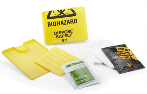 CM0620 | Our range of Body Fluid Spill kits and Sharps handling kits are designed to enable any worker to deal with the problems of body fluids such as blood and vomit and the problem of discarded needles and syringes. These kits are easy to use and address all the issues that are caused by cross contamination and infections caused by Bio Hazards. The HSE guidance on 'Blood - borne viruses in the workplace' (leaflet INDG342) and there is a provision under COSHH that employers have a legal duty to assess the risk of cross infection for employees and others affected by your work. Carrying a Click Medical spill or sharps handling kit, will help meet these requirements and increase the confidence of employees, knowing that you as the employer are dealing with the risk attached to biohazards and their control. Supplied in grip seal bag, this kit contains:, Instructions, Soft Vinyl Gloves (1 pair), Polythene oversleeves (1 pair), Polythene apron, Polypropylene scoop and scrape, Biohazard Bag, Non woven wipe, Disinfectant wipe This is the basic clean up pack that should be used in conjunction with disinfectant spay and our super absorbent powder