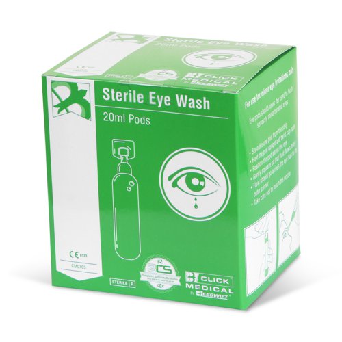 CM0705 | Eyewash pods, 20ml Solution, Sterile Sodium Chloride 0.9% w/v Ph.Eur, Packed in 25's [25 x 20ml], For irrigation only, Sellng unit = 1pack of 25, Outer carton quantity 10 packs of 25