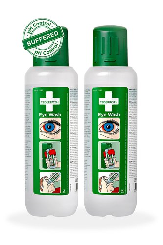 CM0727-2 | Cederroth Eye Wash (500ml) has a functional design for effective flushing. The Eye Wash bottle is quick and easy to open with only a twist being required to open the bottle. As well as diluting and flushing away the dangerous substance, Cederroth's buffered Eye Wash also has a neutralizing effect on splashes from alkalis and acids. Cederroth Eye Wash (500ml) provides a higher chance of saving your eyes in case of an emergency. Cederroth Eye Wash (500ml) features an integrated dust cover that keeps the eye cup clean. The dust cover also acts as an opening device. Bottle Dimensions:  6.6cm x 23.5cmCederroth Eye Wash has a shelf life of 4/5 years, which is the longest shelf life among the eye wash products on the market. Cederroth Eye Wash is CE labelled, sterile and intended for single use and meets all the requirements of the new European standard.