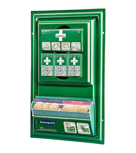 CM0737 | Cederroth Mini First Aid Panel Suitable for small places or work vehicles No unnecessary waste  Contains plasters and blood stoppers Fully stocked The Pilfer-proof plaster dispenser allows you to pull plasters downwards, which avoids you getting dirt or blood on any other plasters.  The hygienic door keeps plasters clean and fresh, and makes it easy to see when you need to fill up with new plasters.  The plaster refills are locked in the dispenser to make sure there is no waste and it is easy to empty and replace refills using a special key.  When you pull a plaster out the dispenser, one side is uncovered, making the plaster ready to use.  One of the advantages of the Cederroth Mini First Aid Panel is the guarantee of no unnecessary waste.  The First Aid Panel also offers easy access to the products especially in the case of an emergency.  The design of the first aid panel allows you to see easily when the first aid panel needs to be refilled.  It is most highly recommended for small workplaces.