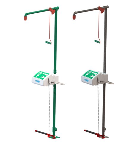 CM0760 | For those at risk of injury from accidental chemical spills in the workplace, this combination safety shower and eye/face wash offers an EN15154 and ANSI Z358.1-2014 compliant solution. The floor mounted model is ideal for indoor use and will provide a thorough drenching of 76 litres per minute of water from the shower, and 12 litres per minute when using the eye wash. Activation is easy and can be made hands-free with the addition of an optional foot treadle. Also available with a top water inlet.  DIMENSIONS (WxDxH) 464mm (18.2in) x 773mm (30.4in) x 2320mm (91.3in) WEIGHT 17kg (37lb)