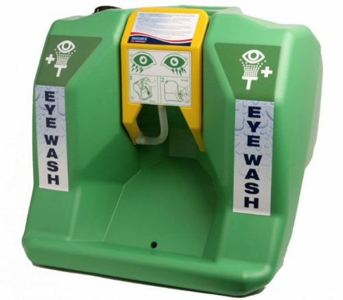 CM1764 | This portable eye wash offers an effective solution in locations that are unsuitable for fixed installations and should be used as a secondary safety measure to supplement plumbed in eye/face wash units. Ideal where a continuous supply of water is not available, this 60 litre wall-mounted or table top unheated portable emergency eye wash station delivers a controlled flow of a minimum 1.5 litres per minute for 15 minutes, meeting ANSI Z358.1-2014 requirements. Easy to transport and ideal for use where a continuous supply of water is not available, Wide fill opening enables quick inspection, cleaning and filling, For use as a wall-mounted or table top unit, Provided with one bottle of water preservative, Station should be cleaned and refilled every 120 days, when using the water preservative. Body   : High Density Polythene Colour : Green Size   ; 540 x 513 x 457mm Weight ; 8.2Kg