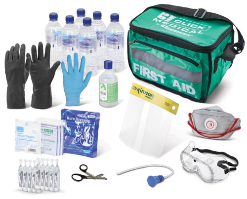 CM1770 | The Kit contains items for washing chemicals from the skin, It contains a bottle shower which allows for longer decontamination, Also included are items for treating burns and irrigating the eyes, In addition the kit contains safety equipment to protect the rescuer such as goggles, face mask and gloves, Supplied in a heavy duty first aid bag Contents: 1 x Chemical Goggle 1 x Premium fold flat P2CV mask 1 x Eyewash bottle 500ml 1 x Nitrile gloves 6 pairs in a carton 3 x Foil blanket 2 x Burns dressing 20 x 20cm 1 x Tuffcut scissors 6” 1 x Mckinnon economy face shield 1 x Gauze swabs 7.5 x 7.5cm - pack of 5 1 x Black heavy weight rubber gloves 1 x Bottle shower 2L 10 x Single eyewash pod 20ML 6 x bottle water 500ML
