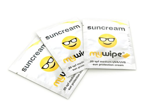 CM1771 | Mywipe individual sun cream sachets provide UVA and UVB sun protection, The quick drying, non-greasy formula offers medium sun protection at SPF25 and with no risk of spills, leaks and restrictions by airlines, They are the ideal solution for keeping safe in the sun whilst enjoying an active life style. These single disposable sachets are the perfect travel essential for days out, sporting events, festivals, golf days and school trips, With a mild aroma of coconut oil mywipe sun cream sachets are suitable for all skin types, including sensitive skin. Ideal solution for travel packs and vending machines. Sachet size 60 x 80mm, Liquid fill 4g, Factor 25 SPF & UVA 8.8