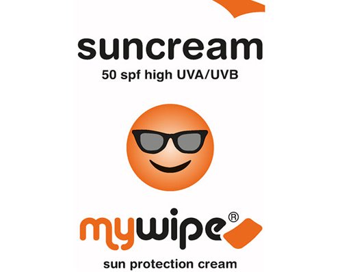 CM1772 | Mywipe individual sun cream sachets provide UVA and UVB sun protection The quick drying, non-greasy formula offers medium sun protection at SPF50 and with no risk of spills, leaks and restrictions by airlines They are the ideal solution for keeping safe in the sun whilst enjoying an active life style. These single disposable sachets are the perfect travel essential for days out, sporting events, festivals, golf days and school trips With a mild aroma of coconut oil mywipe sun cream sachets are suitable for all skin types, including sensitive skin.  Ideal solution for travel packs and vending machines. Sachet size 60 x 80mm* Liquid fill 4g Factor 50 SPF & UVA 8.