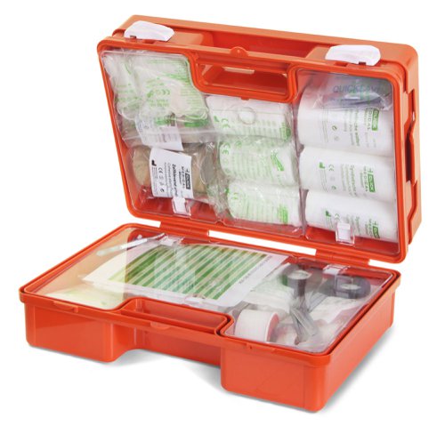 CM1826 | Supplied in Orange ABS plastic case, with internal dividers and side covers. Comes complete with wall hanging bracket. Dimensions: 44.5 x 32 x 15 cm Contents: 1 x Disinfectant 30 ml 3 x triangular bandage 1 x Vinyl gloves (per pair) 1 x Roll adhesive plaster 2.5 cm x 5 m 1 x resusciade 1 x Splinter tweezers 8 cm stainless steel 4 x Synthetic wadding 10 cm x 3 m 2 x Safety pins (3 pieces) 1 x Bandage scissors ,14 cm Stainless steel 1 x Wound plasters (30 pieces) 16 x Gauze dressing 5 cm x 7,5 cm (1/16) sterile 10 x Gauze dressing 5 cm x 5 cm sterile 10 x Gauze dressing 10 cm x 10 cm sterile 2 x Metalline dressing 8 cm x 10 cm 2 x Metalline compress 10 cm x 12 cm 2 x Universal (support) gusset 8 cm x 5 m 2 x Universal (support) gusset 10 cm x 5 m 2 x Condensed fastening 6 cm x 8 cm flat model 4 x Fastening band 6 cm x 8 cm rolled (nr. 2 x Rapid bandage 8 cm x 10 cm rolled (nr. 2) 1 x Rapid bandage 10 cm x 12 cm rolled (No. 3) 3 x Elastic hydrophilic bandage 6 cm x 4 m 3 x Elastic hydrophilic bandage 8 cm x 4m