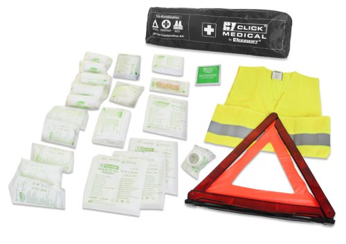 CM1830 | GERMAN FIRST AID KIT TO DIN 13164 -2014 FOR VEHICLES VEHICLE FIRST AID KIT IN TRAVEL BAG, This first aid kit is designed to meet Din 13164-2014 which details the requirements or the contents of a vehicle first aid kit. All products come with multilingual descriptions. Kit is also supplied with foldaway hazard warning triangle and high viz vest, This kit is supplied in a black, slimline combination kit bag. Content list:, F001 Adhesive plaster tape. A 5 x 2.5. 1pc. DIN13019-A 5x2.5. F002 Adhesive plaster bandages. E 10 x 6cm, 8's/zip PP bag. 1 set of 8pcs. DIN13019-E 10x6. F032-6 Finger plaster. PVC ”X” figure 4.5cm x 5.1cm. 4pc. F032-2 Finger plaster. 120 x 20mm. 4pc. F032-1 Finger plaster. 7.2cm x 1.9cm. 4pc. F032-6 Finger plaster. 25 x 72mm. 8pc. F042 First aid dressings bandages, sterile. Compress 6 x 8 cm. 1pc. DIN13151-K. F003 First aid dressings bandages, sterile. Compress 8 x 10cm. 3 roll. DIN13151-M. F004 First aid dressings bandages, sterile. Compress 10 x 12cm. 1 roll. DIN13151-G. F005 Sterile compress (burn dressings). 60 x 80cm, 1's/bag. 1pc. DIN13152-A. F010 Sterile wound dressings (compress). 100mm x 100mm 2's/bag. 3 bag of 2pcs. DIN58953-2. F029 Eye pad. 55mm x 75mm 1.5g. 2pc. Instant cold compress. Min.200cm2. 1pc. F009 First aid blanket. 160cm x 210cm 12 um. 1pc. F007 Gauze conforming elastic bandages. 6cm x 400cm. 2 roll. DIN61634 FB6. F008 Gauze conforming elastic bandages. 8cm x 400cm. 2 roll. DIN61634 FB8. F011-0 Triangular bandages. 96 x 96 x 136cm. 2pc. DIN13168-D. F012 Scissor. Metal 190mm. 1pc. DIN58279-B190. F025 Garbage plastic bag. 300 x 400mm 45um. 2pc. F030 Fleece. Non-woven 20cm x 30cm min. 15g/m2. 5pc. F13-0 Disposable gloves PVC. 4's L-AQL1.5. 1 Set of 4pcs. DIN EN 455-1. Broschure.