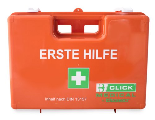 CM1831 | GERMAN FIRST AID KIT TO DIN STANDARD 13157 -2009.11 FIRST AID KIT FOR THE WORKPLACE UP TO 50 EMPLOYEES, This first aid kit is designed to meet Din 13157-2009, which details the requirements for the contents and box for a workplace of up to 50 employees. All contents supplied with multilingual descriptions, Kit supplied in Orange ABS box complete with integral handle and supplied with wall bracket. Dimensions: 28 x 20 x 11.5cms Content list:, F001 Adhesive plaster tape. A 5 x 2.5. 1pc. DIN13019-A 5x2.5. F002 Adhesive plaster bandages. E 10 x 6cm, 8's/zip PP bag. 1 set of 8pcs. DIN13019-E 10x6. F032-6 Finger plaster. PVC ”X” figure 4.5cm x 5.1cm. 4pc. F032-2 Finger plaster. 120 x 20mm. 4pc. F032-1 Finger plaster. 7.2cm x 1.9cm. 4pc. F032-6 Finger plaster. 25 x 72mm. 8pc. F042 First aid dressings bandages, sterile. Compress 6 x 8 cm. 1pc. DIN13151-K. F003 First aid dressings bandages, sterile. Compress 8 x 10cm. 3 roll. DIN13151-M. F004 First aid dressings bandages, sterile. Compress 10 x 12cm. 1 roll. DIN13151-G. F005 Sterile compress (burn dressings). 60 x 80cm, 1's/bag. 1pc. DIN13152-A. F010 Sterile wound dressings (compress). 100mm x 100mm 2's/bag. 3 bag of 2pcs. DIN58953-2. F029 Eye pad. 55mm x 75mm 1.5g. 2pc. Instant cold compress. Min.200cm2. 1pc. F009 First aid blanket. 160cm x 210cm 12 um. 1pc. F007 Gauze conforming elastic bandages. 6cm x 400cm. 2 roll. DIN61634 FB6. F008 Gauze conforming elastic bandages. 8cm x 400cm. 2 roll. DIN61634 FB8. F011-0 Triangular bandages. 96 x 96 x 136cm. 2pc. DIN13168-D. F012 Scissor. Metal 190mm. 1pc. DIN58279-B190. F025 Garbage plastic bag. 300 x 400mm 45um. 2pc. F030 Fleece. Non-woven 20cm x 30cm min. 15g/m2. 5pc. F13-0 Disposable gloves PVC. 4's L-AQL1.5. 1 Set of 4pcs. DIN EN 455-1. Broschure.