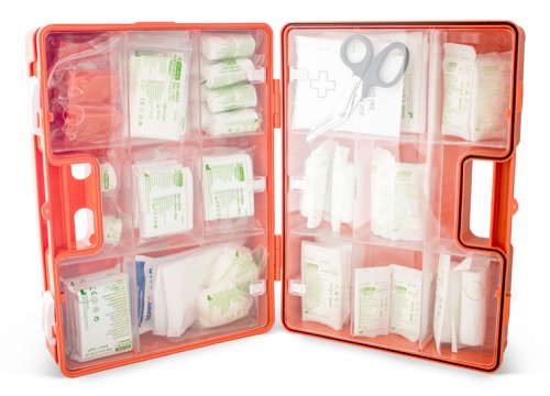 CM1832 | GERMAN FIRST AID KIT TO DIN STANDARD13169-2009.11 FIRST AID KIT FOR THE WORKPLACE UP TO 100 EMPLOYEES *This first aid kit is designed to meet Din 13169-2009, which details the requirements for the contents and box for a workplace of up to 100 employees. All contents supplied with multilingual descriptions *Kir supplied in Orange ABS box complete with integral handle and supplied with wall bracket  Dimensions : 32 x 22 x 13cms Content list:, F001 Adhesive plaster tape. A 5 x 2.5. 2pc. DIN13019-A 5x2.5. F002 Adhesive plaster bandages. E 10 x 6cm, 8's/zip PP bag. 2 set of 8pcs. DIN13019-E 10x6. F032-6 Finger plaster. PVC ”X” figure 4.5cm x 5.1cm. 8pc. F032-2 Finger plaster. 120 x 20mm. 8pc. F032-1 Finger plaster. 7.2cm x 1.9cm. 8pc. F032-6 Finger plaster. 25 x 72mm. 16pc. F042 First aid dressings bandages, sterile. Compress 6 x 8 cm. 2pc. DIN13151-K. F003 First aid dressings bandages, sterile. Compress 8 x 10cm. 6 roll. DIN13151-M. F004 First aid dressings bandages, sterile. Compress 10 x 12cm. 2 roll. DIN13151-G. F005 Sterile compress (burn dressings). 60 x 80cm, 1's/bag. 2pc. DIN13152-A. F010 Sterile wound dressings (compress). 100mm x 100mm 2's/bag. 6 bag of 2pcs. DIN58953-2. F029 Eye pad. 55mm x 75mm 1.5g. 4pc. Instant cold compress. Min.200cm2. 2pc. F009 First aid blanket. 160cm x 210cm 12 um. 2pc. F007 Gauze conforming elastic bandages. 6cm x 400cm. 4 roll. DIN61634 FB6. F008 Gauze conforming elastic bandages. 8cm x 400cm. 4 roll. DIN61634 FB8. F011-0 Triangular bandages. 96 x 96 x 136cm. 4pc. DIN13168-D. F012 Scissor. Metal 190mm. 1pc. DIN58279-B190. F025 Garbage plastic bag. 300 x 400mm 45um. 4pc. F030 Fleece. Non-woven 20cm x 30cm min. 15g/m2. 10pc. F13-0 Disposable gloves PVC. 4's L-AQL1.5. 2 Set of 4pcs. DIN EN 455-1. Broschure.