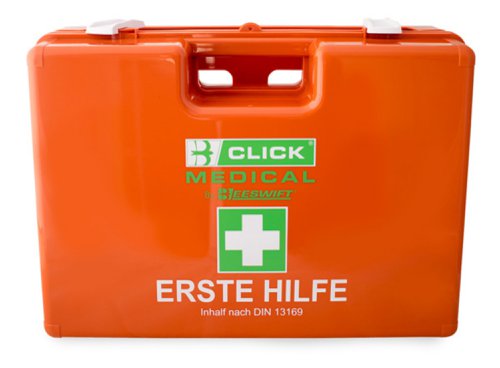CM1832 | GERMAN FIRST AID KIT TO DIN STANDARD13169-2009.11 FIRST AID KIT FOR THE WORKPLACE UP TO 100 EMPLOYEES *This first aid kit is designed to meet Din 13169-2009, which details the requirements for the contents and box for a workplace of up to 100 employees. All contents supplied with multilingual descriptions *Kir supplied in Orange ABS box complete with integral handle and supplied with wall bracket  Dimensions : 32 x 22 x 13cms Content list:, F001 Adhesive plaster tape. A 5 x 2.5. 2pc. DIN13019-A 5x2.5. F002 Adhesive plaster bandages. E 10 x 6cm, 8's/zip PP bag. 2 set of 8pcs. DIN13019-E 10x6. F032-6 Finger plaster. PVC ”X” figure 4.5cm x 5.1cm. 8pc. F032-2 Finger plaster. 120 x 20mm. 8pc. F032-1 Finger plaster. 7.2cm x 1.9cm. 8pc. F032-6 Finger plaster. 25 x 72mm. 16pc. F042 First aid dressings bandages, sterile. Compress 6 x 8 cm. 2pc. DIN13151-K. F003 First aid dressings bandages, sterile. Compress 8 x 10cm. 6 roll. DIN13151-M. F004 First aid dressings bandages, sterile. Compress 10 x 12cm. 2 roll. DIN13151-G. F005 Sterile compress (burn dressings). 60 x 80cm, 1's/bag. 2pc. DIN13152-A. F010 Sterile wound dressings (compress). 100mm x 100mm 2's/bag. 6 bag of 2pcs. DIN58953-2. F029 Eye pad. 55mm x 75mm 1.5g. 4pc. Instant cold compress. Min.200cm2. 2pc. F009 First aid blanket. 160cm x 210cm 12 um. 2pc. F007 Gauze conforming elastic bandages. 6cm x 400cm. 4 roll. DIN61634 FB6. F008 Gauze conforming elastic bandages. 8cm x 400cm. 4 roll. DIN61634 FB8. F011-0 Triangular bandages. 96 x 96 x 136cm. 4pc. DIN13168-D. F012 Scissor. Metal 190mm. 1pc. DIN58279-B190. F025 Garbage plastic bag. 300 x 400mm 45um. 4pc. F030 Fleece. Non-woven 20cm x 30cm min. 15g/m2. 10pc. F13-0 Disposable gloves PVC. 4's L-AQL1.5. 2 Set of 4pcs. DIN EN 455-1. Broschure.