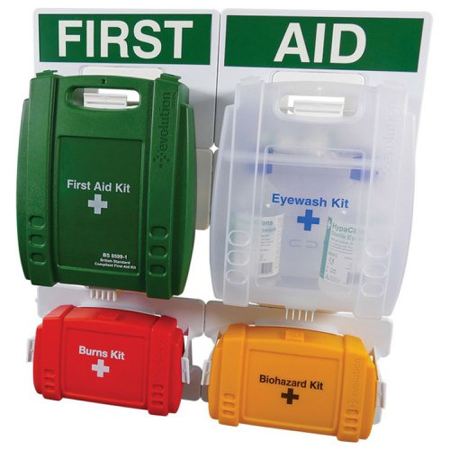 CM1863 | A comprehensive First Aid Point for managing a wide range of Workplace Accidents and Emergencies, Dimensions: Medium - 60 x 56cm, It includes a First Aid Kit, Eyewash Kit, Biohazard Kit and Burns Kit, Ideal for Workplaces with large number of Employees, The Evolution Series is the market leader in first aid kit design and content, developed specifically for the UK, British Standard Compliant