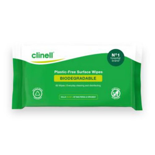 CM1961 | Clinell Biodegradable Surface Wipes are plastic-free wipes designed for cleaning & disinfecting surfaces and high-touch points, whether at home, in your workplace or on the go. Antibacterial wipes which kill 99.99% of bacteria and viruses, including E. coli, salmonella, MRSA, norovirus, adenovirus, coronaviruses and flu in 30 seconds, offering a fast acting solution that is both tough on germs and gentle on the environment. Dermatologically tested to be kind to skin and safe to use on hard, non-porous surfaces. Biodegradable within active landfill conditions and complete with recycle-ready packaging.