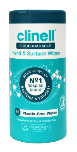 CM1962 |  Clinell Biodegradable Hand & Surface Wipes are plastic-free wipes designed for convenient cleaning and disinfecting on-the-go in an easily transportable cup size tub. One step cleaning and disinfecting wipes which kill 99.99% of bacteria and viruses in 30 seconds, offering a fast acting solution that is ideal for use whether at home or on-the-go. Dermatologically tested to be kind to skin and safe for everyday use. Plastic-free and complete with recycle-ready packaging. Effective against all enveloped viruses and limited non-enveloped viruses. No Bleach, no taint Suitable for use around babies & pets  Dermatologically tested 