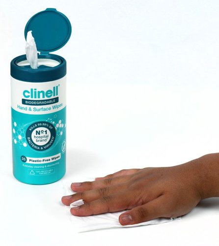 CM1962 |  Clinell Biodegradable Hand & Surface Wipes are plastic-free wipes designed for convenient cleaning and disinfecting on-the-go in an easily transportable cup size tub. One step cleaning and disinfecting wipes which kill 99.99% of bacteria and viruses in 30 seconds, offering a fast acting solution that is ideal for use whether at home or on-the-go. Dermatologically tested to be kind to skin and safe for everyday use. Plastic-free and complete with recycle-ready packaging. Effective against all enveloped viruses and limited non-enveloped viruses. No Bleach, no taint Suitable for use around babies & pets  Dermatologically tested 