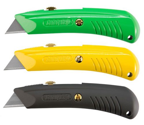 DB-RSG-400N | Counter top display unit containing 20 assorted colour knives. The all-purpose RSG Retractable Metal Utility Knives are light weight and ergonomically designed.  They feature an over lock nose for added blade stability and a non-slip grip surface.  These cutters have three blade depth settings and hold five additional blades inside.  The RSG Utility Knives can use both SB-92 or SPS-92 Standard Blades and the HB-96 Hook Blades available separately
