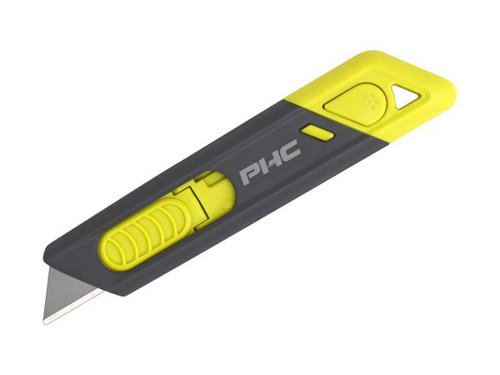 E13205-9 |  Slim and elegant, heavy-duty metal handle. 2 locked cutting depth options of  0.75â€³/ 19mm and 0.2â€³/ 5mm for controlled, safe cutting and to help prevent merchandise damage when opening boxes. Integrated Safety Lock prevents accidental blade exposure when not in use. Automatic blade retraction for added safety. Textured and ergonomic slider for smooth and consistent blade activation. High-quality durable carbon steel blade for long-lasting use. Easy 2-step, tool-free blade change. Lanyard ready. Ambidextrous. Pre-loaded with one B11119-9 replaceable Heavy-Duty Utility Blade Round Tip.