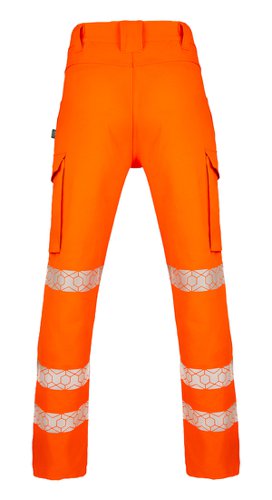 Envirowear High Visibility trousers designed to be recycled, using mono-fibre design principles. rPet generated can be used in all kinds of polyester clothing and accessories. Made from 240gsm 100% polyester twill fabric. Features triple sewn seams for durability, 7 belt loop waistband, 2 cargo pockets and hexpatterned heatseal Retro-Reflective tape. available in short, regular and tall sizes. Machine washable at 40 degrees C up to a maximum of 25 cycles.