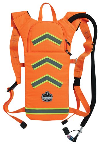 EY5155OR | Low Profile Hydration Pack: Keeps workers hydrated when they're away from water sources. Features, Durable 600D water-resistant rip stop polyester shell, Zip-up cap cover keeps debris and contaminants at bay, Insulated pack and tube keeps water cool, 100% anti-microbial bite valve with cover to protect against contaminants, Bite valve cover for protection from contaminants, Breakaway shoulder straps for added safety, Dual Cap bladder featuring smaller (60mm) cap nestled into larger (80mm) cap for easy water and ice filling, Capacity: 2L (2000mL) / 70oz / 2.2 hours . Application, Fire/Rescue/EMT, Construction, Freight/Baggage, Oil/Gas Refining, Drilling/Mining, Landscaping/Grounds