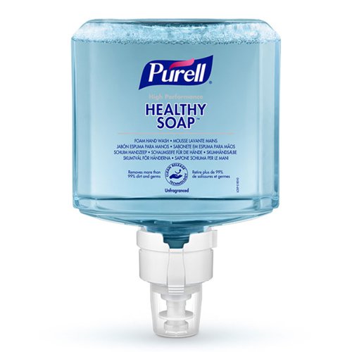 GJ6485-02 | PURELL HEALTHY SOAP High Performance Foam Hand Wash Unfragranced 1200mL Refill for PURELL® ES6 Touch-Free Soap Dispensers Remarkably mild soap formulation removes more than 99% of dirt and germs. CLEAN RELEASE Technology accesses hard-to-reach areas of the skin 2X better to lift and wash away more than 99% of dirt and germs.1,2,3 3.4X fewer germs left on skinAll references to regular soap are based on our top-selling non-antibacterial soap sold and manufactured in the US. Formulated for dry and sensitive skin and dermatologically tested. Rinses fast and clean for easy gloving - saves an average of 22 litres of water per refill. Better wash experience - 95% preferred over regular soaps. 90% naturally derived ingredients6 with raw materials strictly selected according to their toxicity profile. AT-A-GLANCE refills: Monitor product level with just one look. SANITARY SEALED PET refill is easily recycledDISPENSER CODE:GJ6420-01GJ6424-01