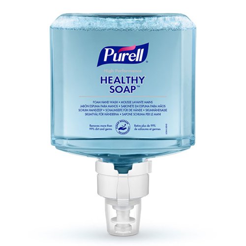 GJ6486-02 | PURELL HEALTHY SOAP High Performance Foam Hand Wash1200mL Refill for PURELL® ES6 Touch-Free Soap DispensersRemarkably mild soap formulation removes more than 99% of dirt and germs.. CLEAN RELEASE Technology accesses hard-to-reach areas of the skin 2X better to lift and wash away more than 99% of dirt and germs.1,2,3. 3.4X fewer germs left on skin. *All references to regular soap are based on our top-selling non-antibacterial soap sold and manufactured in the US.. Formulated for dry and sensitive skin and dermatologically tested.. Rinses fast and clean for easy gloving - saves an average of 22 litres of water per refill4. Better wash experience - 95% preferred over regular soap5. 90% naturally derived ingredients6 with raw materials strictly selected according to their toxicity profile. AT-A-GLANCE refills: Monitor product level with just one look. SANITARY SEALED PET refill is easily recycledDISPENSER CODE:GJ6430-01GJ6434-01