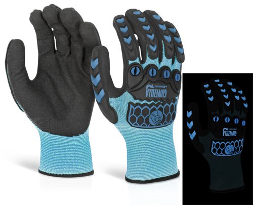 M-GZ66 | 13 Gauge, HPPE, Polyester, Glass Fibre Liner (Available in Green, Orange, Pink, Blue, and Red). 100% Foam Nitrile Coating, 100% TPR Glow in the Dark Back of hand protection. Lightweight for maximum dexterity and comfort with sensitivity. Suitable for general assembly handling and engineering applications. EN 388:2016+A1:2018, Level 3 - Abrasion Resistance, Level X - Cut resistance (Coupe Test), Level 4 - Tear Resistance, Level 3 - Puncture Resistance, Level B - TDM Cut Resistance (ISO 13997), Level P - Impact Protection