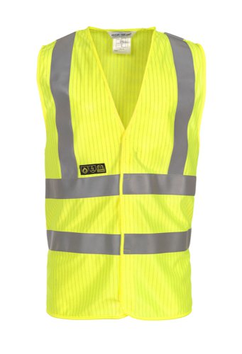 HYD0672800SYLXL | Front hook and loop fastening, Retro-reflective tape, Anti-static and flame retardant, 120 Gsm 98% Polyester / 2% Antistatic, Conforms to the following standards, EN ISO 20471:2013 Class 2 High Visibility, EN ISO 14116:2015 Protection against limited flame spread Index 1, EN1149-5:2008 Material performance and design requirements for electrostatic properties, EN ISO 13688:2013 general requirements for protective clothing Not to be worn directly against skin