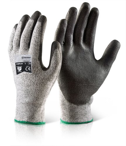M-KSPU5 | 65% UHMWPE(Ultra high molecular weight polyethylene) + 35%PU, Seamless liner. PU coating, palm coated. High quality cut resistance. Excellent dexterity. EN388: 2016, Level 4 - Abrasion, Level X - Cut Resistance (Glove blunted the blade, ISO 13997 test required), Level 4 - Tear Resistance, Level 3 - Puncture, Level C - ISO 13997 Cut Resistance