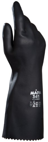 MAPA341XL | Neoprene and natural rubber textile supported chemical gauntlet, Suitable for long-term wear; added comfort of textile support, Longer service life for heavy-duty work: good mechanical resistance, Forearm protection, 1.45mm thickness, 380 mm length, Smooth exterior and scalloped cuff, EN 388:2016 Protective gloves against mechanical risks 2121X, EN ISO 374-1:2016 Type A Protective gloves against dangerous chemicals and micro-organisms. Terminology and performance requirements for chemical risks, ACLMNS, EN ISO 374-5:2016 Protective gloves against dangerous chemicals and micro-organisms. Terminology and performance requirements for micro-organisms risks, EN 407 Protective gloves against thermal risks X1XXXX Key applications include:, Automotive/mechanical industry -Battery, pump, and compressor manufacturing, Chemical industry - Chemical treatment of metals & handling and transporting chemicals, Other industries - Industrial cleaning, maintenance & timber treatment