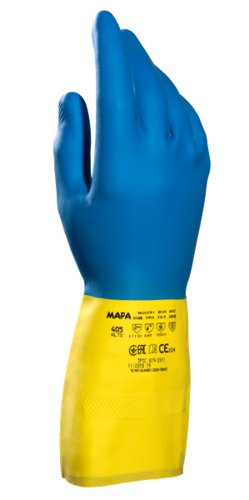 M-MAP405 | Liquid proof glove, embedding antimicrobial Pylote's technology, that limits cross contamination by viruses & bacteria, 405 Activated provides a protective shield against viruses and common aggressive chemicals, Surface protection: destruction of 99% viruses (ISO 21702:2019) & 99 99% bacteria (JIS Z 2801 standard), Antimicrobial action lasts for the expected lifetime of the glove, Good grip due to the non-slip embossing, Reduced thickness offering Tactile Sensitivity (0 7mm), Cotton flocking provides added comfort and perspiration absorption, Produced using polychloroprene and natural latex, 330mm length, EN 388:2016 Protective gloves against mechanical risks 2110X, EN ISO 374-1:2016 Type B Protective gloves against dangerous chemicals and micro-organisms  Terminology and performance requirements for chemical risks, KMT, EN ISO 374-5:2016 Protective gloves against dangerous chemicals and micro-organisms  Terminology and performance requirements for micro-organisms risks, EN 421 Protective gloves against ionizing radiation and radioactive contamination, 