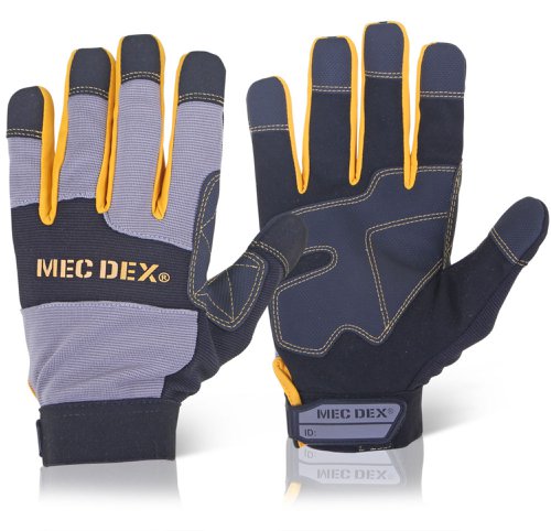 MECDY-713S | Features, Form-fitting glove with reinforced palm patch and finger tips, Durable synthetic leather base palm, Original synthetic leather vintage puller, PVC grip crotch, Contrast yellow colour fourchetes and binding, Cat 2 Applications, Multi-purpose, Landscaping, Forestry Lumberyards, Cable and Wire work, Maintenance and Repair, Material Handling EN388:2003, Level 3 - Abrasion, Level 2 - Cut Resistance, Level 4 - Tear Resistance, Level 1 - Puncture