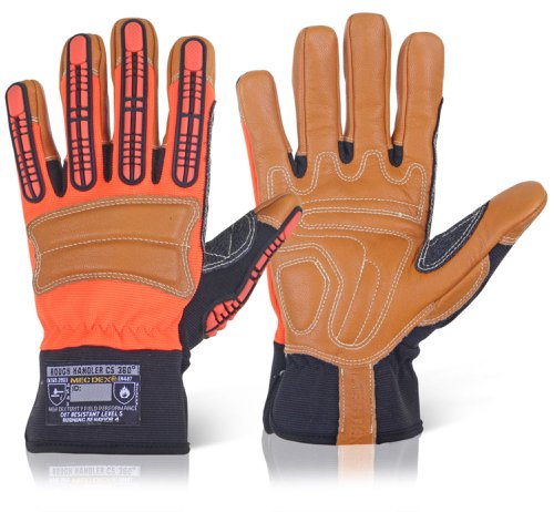 M-MECPR-610 | Features, Hi visibility fabric for optimum hand visibility in hazardous conditions, Nails pinch protection with maximum dexterity, Red safety synthetic leather tended wall of finger fourchettes, Flex-vent and Flex-Binding for Fit-Out easy cuff, MECDEX original leather puller Applications, Heavy construction, Agriculture and Farming, Power Tools Handling, Glass and Metal Handling, Tool Pushing, Cut Hazards EN388:2003, Level 4 - Abrasion, Level 5 - Cut Resistance, Level 4 - Tear Resistance, Level 3 - Puncture EN407 4 2 3 X X X