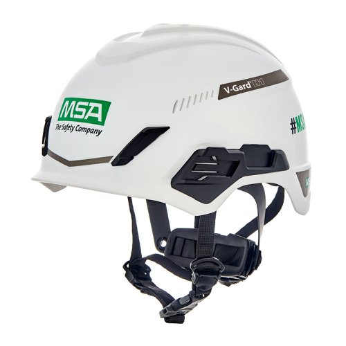M-MSA1019478 | Working at heights safety helmet designed for tower climbing, forestry, rescue and confined spaces. The V-Gard® H1 Safety Helmet provides exceptional comfort and ease of use in a stylish low-profile hard hat design. A complete above-the-neck platform for all applications. Fas-Trac® III Pivot Ratchet Suspension for superior comfort, adjustability, and range of motion, Non-contact foam liner maximizes air flow and breathability for optimal cooling and hygiene. Tri-vented option for optimal air flow and cooling (Non-vented option for use in electrical applications), Field replaceable 4-point chinstraps with multiple adjustment points for customized fit and comfort, Premium moisture wicking headband with breathable foam and hook and loop attachment for easy field replacement. Patented “push-button” accessory attachment rail and universal clips for head lamps enables quick installation and removal, with no need for an additional carrier, Low profile design, even with a visor or spectacles attached, Convenient rescue whistle integrated into the chin strap buckle, Matte finish HDPE shell, Standard reflective stickers, Optional logo customisation in up to 3 locations, Compatible with a wide range of H1 attachments including face shields, spectacles and V-Gard ear defenders, EN 12492:2012 Mountaineering equipment. Helmets for mountaineers.
